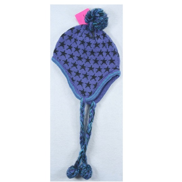 Betsey Johnson Accessories - Betsey Johnson Purple Star Knit Trapper Hat Pom Pom Beanie Earflap Tassel New